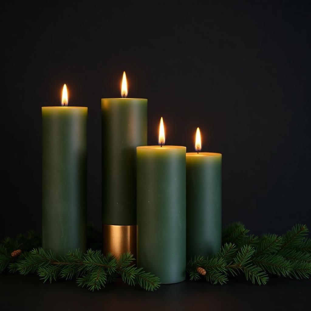 Holiday candles glowing on a dark table